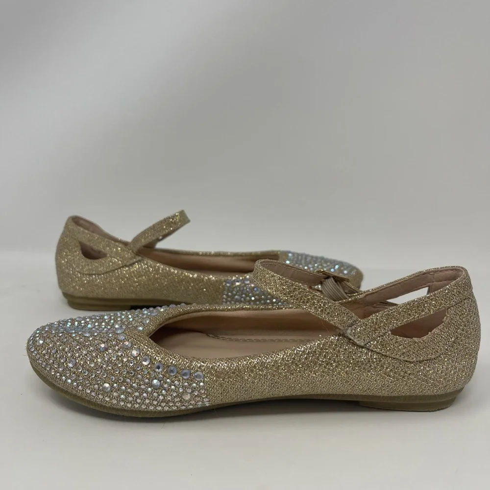 Girls Size 1 Gold Rhinestone‎ Encrusted Glittery Mary Jane Flat Dress Shoes